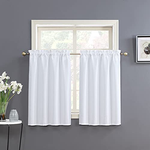 Home Queen White Water Resistant Bathroom Window Curtains,36WX45L Inch - Raised Dot Waffle Textured Shower Window Curtains, Rod Pocket Light Filtering Kitchen Curtains, 2 Panels