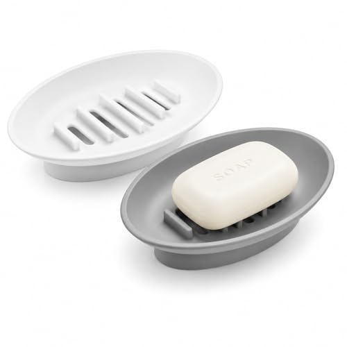 2 Pack Soap Dish Silicone Self Draining, Non-Slip Soap Tray Grey & White - Easy to Clean Keeps Bar Soap Dry, Suitable for Shower, Bathroom and Kitchen Sink Use