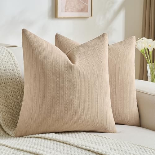 FUTEI Golden Brown Decorative Throw Pillow Covers 22x22 Inch Set of 2,Soft Cozy Wheat Ear Striped Patterns Cushion Cases,Modern Home Decor for Couch Bed Living Room