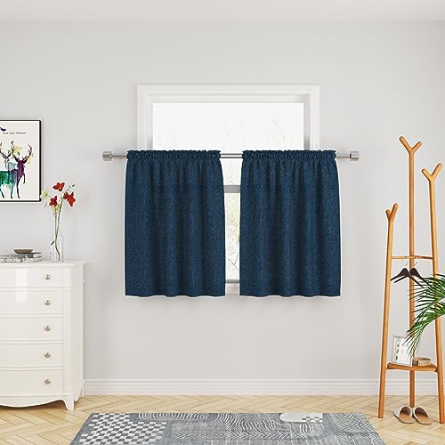 UPOPO Short Curtains 36 inches Long Linen Textured Privacy Kitchen Tier Curtains Over Sink Navy Blue Half Window Curtains Cafe Caravan Bathroom Basement Small Mini Curtain Panels Rod Pocket 2 Pieces