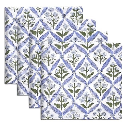 "Ridhi Light Steel Blue Hand Block Print 100% Cotton Napkins 20"" x 20"" (Set of 4) Reuseable Kitchen Napkins Cloth Decor Dinner Party Wedding Cocktail Gift for Thanksgiving, Fall, Christmas, Winter"