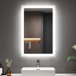 EMKE Bluetooth Bathroom Mirror with Shaver Socket, 400 x 600 mm Blue Atmosphere Illuminated Bathroom Mirror with 3 Color Tone, Dimmable, Memory Function, Demister Wall Mounted Bathroom Vanity Mirror