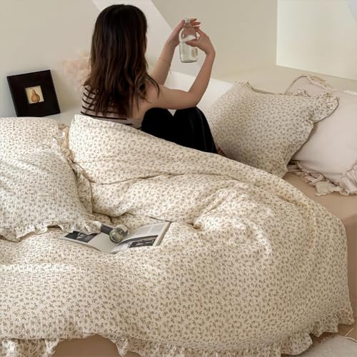 AOJIM Muslin Cotton Kids Duvet Cover with Ruffled Edges for Boys Girls, 1 Piece Soft Pure Cotton Comforter Cover Twin Size 68X86'', Camellia Kids Bedding Duvet Cover for Room Decor, No Quilt/Pillow