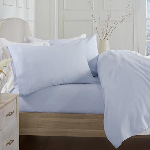 Market & Place 100% Turkish Cotton Flannel Sheet Set - 4 Piece Deep Pocket Solid Cozy Winter Bed Sheets - Double Brushed for Extra Softness & Comfort - Chalet Collection (Full, Light Blue)