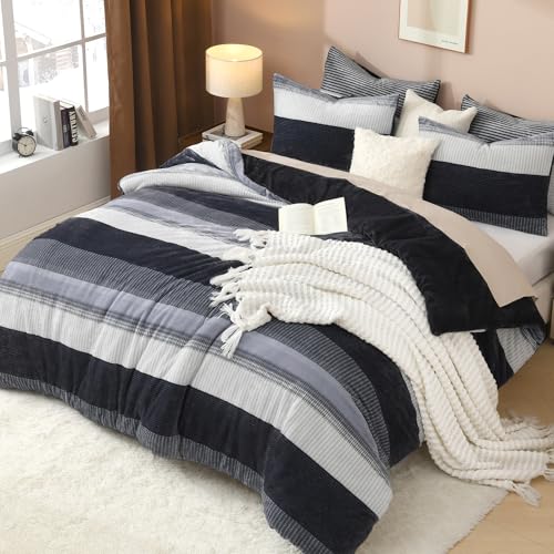 Litanika Fluffy Twin Comforter Set, Luxury Soft Plush Fuzzy Fleece Dark Grey Stripe Bedding Comforter Sets, Warm Shaggy Faux Fur Bed Set All Season (1 Comforter, 2 Pillowcases)