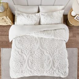 "Madison Park Tufted Chenille 100% Cotton Duvet Modern Luxe All Season Comforter Cover Bed Set with Matching Shams, Full/Queen(90""x90""), Damask Off White 3 piece"