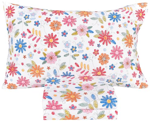 Scientific Sleep Cartoon Floral Flowers 100% Cotton 3 Pcs Twin Bed Sheet Set Kids Toddler Teen, Flat Sheet & Fitted Sheet & Pillowcase Girls Bedding Set (Colorful Flower, Twin)