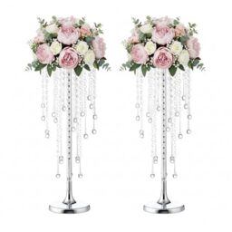 Wedding Centerpieces Stands for Tables, Gold Tall Metal Flower Candle Holder Stand with Crystals Set of 2 Event Lead Road Candleholders for Wedding Party Dinner Table Decor (Siliver/21.6”)