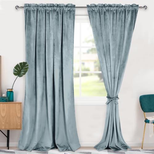 Hiasan Velvet Curtains 96 inches-Blackout Thermal Insulated Solid Soft Curtains for Bedroom Living Room Rod Pocket Room Darkening 2 Panels Window Drapes with Tiebacks, 60W x 96L, Stone Blue