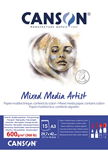 CANSON Mixed Media Artist Pad 600gsm A3 Glued Pad 15 Sheets - For Professional Artists & Students
