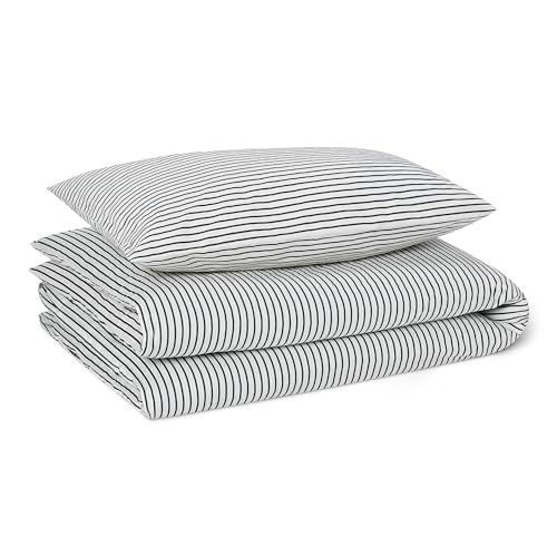 Amazon Basics 100% Organic Cotton Cot Bed Duvet Cover Set, Reversible Toddler Bedding, 100 x 135 cm & Pillowcase 40 x 60 cm, Navy Stripes