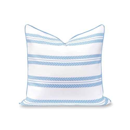 "Hofdeco Premium Coastal Hampton Patio Indoor Outdoor Throw Pillow Cover Only, 22""x22"" Water Repellent for Backyard, Couch, Poolside, Azure Blue Print Leaf Striped"