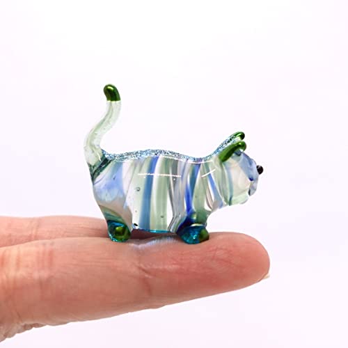 Sansukjai Tiny Cat Miniature Glass Figurine ??? Handmade Blown Glass Animal ??? Cute Collectible Cat Sculpture ??? Fairy Garden Pet D??cor Gift (Blue Green Stand)