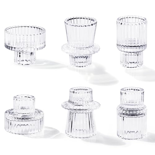 Toptime Candle Holders Set of 6, Glass Candlestick Holders Pinstripe Pattern, Reversible Tealight & Taper Candle Holder, Transparent Crystal Tea Light Candle Holder for Wedding Dinner Party Festival