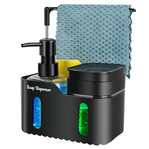 Hand Soap and Dish Soap Dispenser Set for Kitchen, Dual Soap Dispenser with Sponge Holder and Dishcloth Holder 4-in-1 Organizer for Kitchen Sink Countertop, Useful Kitchen Gadgets (Black)