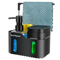 Hand Soap and Dish Soap Dispenser Set for Kitchen, Dual Soap Dispenser with Sponge Holder and Dishcloth Holder 4-in-1 Organizer for Kitchen Sink Countertop, Useful Kitchen Gadgets (Black)
