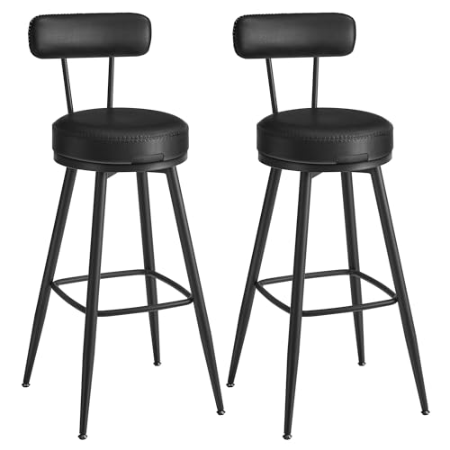 VASAGLE EKHO Collection - 360?Swivel Bar Stools Set of 2, Counter Chairs with Backs, Synthetic Leather with Stitching, Mid-Century Modern, 76 cm Tall, Kitchen Home Bar, Ink Black