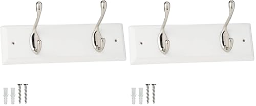 keypak 2-Hook Door Wall Mounted Coat Rack, 22.5cm - White Wooden Board, Satin Nickel Coat Hooks - Fixings Included (Pack of 2)