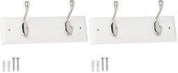keypak 2-Hook Door Wall Mounted Coat Rack, 22.5cm - White Wooden Board, Satin Nickel Coat Hooks - Fixings Included (Pack of 2)