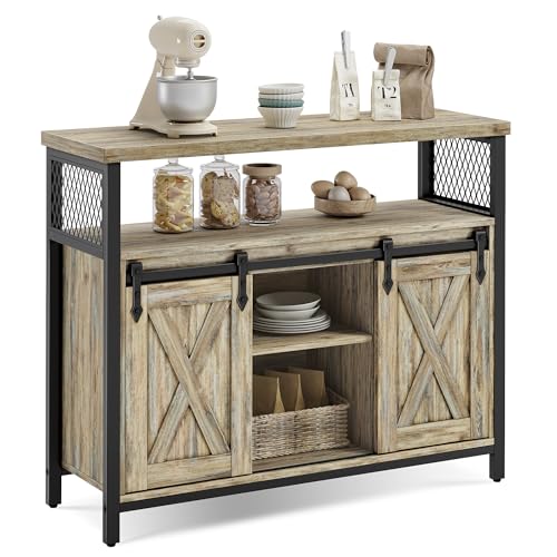 VASAGLE Sideboard, Kitchen Cabinet, Storage Cupboard, with 2 Sliding Barn Doors, 33 x 100 x 80 cm, Adjustable Shelves, for Living Room, Turquoise Brown and Ink Black LSC092B60