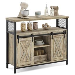 VASAGLE Sideboard, Kitchen Cabinet, Storage Cupboard, with 2 Sliding Barn Doors, 33 x 100 x 80 cm, Adjustable Shelves, for Living Room, Turquoise Brown and Ink Black LSC092B60