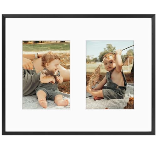 Golden State Art, 7x5 Aluminum Collage Frame, Displays 5x7 Pictures With 2 Openings Mat or One 11x14 Photo, Real Glass, Portrait/Landscape Wall Display, Black, 1 Pack