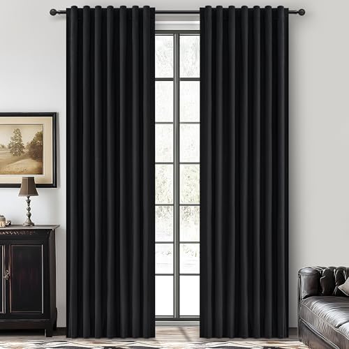 "Black Blackout Curtains 92 Inches Long 2 Panel Set, Sun Blocking Curtain for Bedroom Modern Black Window Linen Drapes for Winter Thermal Insulated Pleated with Heading Tape Pin Hooks (W50""xL92"")"