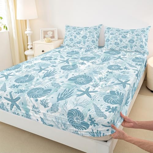 Seashell Conch Starfish Coral Fitted Sheet Twin Size,Coastal Ocean Beach Bedding Set 2Pcs,Underwater Life Print Bed Sheet Navy Blue Tie Dye Deep Packet Sheet for Kids Teens Adult Bedroom Decor