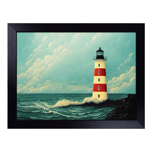 Lap Tray with Bean Bag Cushion, Imaginative Lighthouse - Handmade in the UK, Raised Wooden Edge, Padded Cushion, Heat-Resistant Wipe-Clean Surface, for Meals, Laptops and Crafts