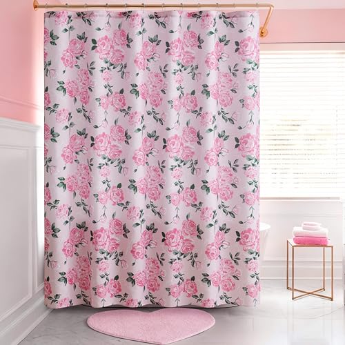 "Juicy Couture 70""x72"" Fabric Shower Curtain with 12 Hooks, Pink Blooming Floral Gold Leopard 13 Piece Shower Set"