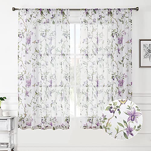 "Tollpiz Purple Cherry Blossom Sheer Curtains with Pocket for Rod Pocket Short Linen Look White 54"" x 54"" 2 Panels"