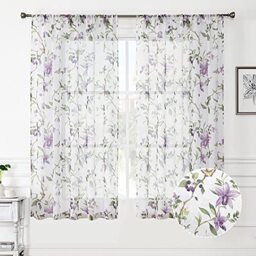 "Tollpiz Purple Cherry Blossom Sheer Curtains with Pocket for Rod Pocket Short Linen Look White 54"" x 54"" 2 Panels"
