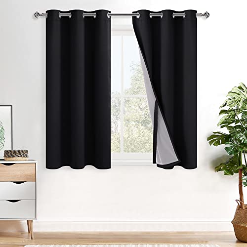 XWZO Black Blackout Curtains 2 Panels with Tiebacks- Heat and Full Light Blocking Window Panels with Grommets for Bedroom/Basement, 54 Inches Long Thermal Insulated Draperies, W38 x L54, Set of 2
