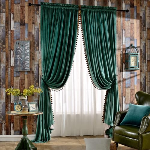 "Melodieux Pom Poms Velvet Blackout Lined Curtains Extra Wide for Patio Doors, Vintage Luxury Bedroom Living Room Thermal Insulated Rod Pocket Drapes, 100"" W x 84"" L, Antique Green (2 Panels)"