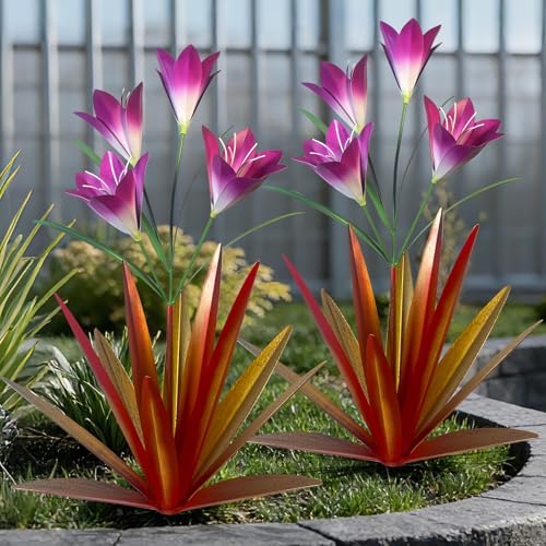 TOMBABY 32.28 Inch Metal Agave Plant Outdoor Decoration Lily Mexican Yard Art Garden Gift Home Decor Hand Painted Metal Agave Garden Yard Statue (2, Red)