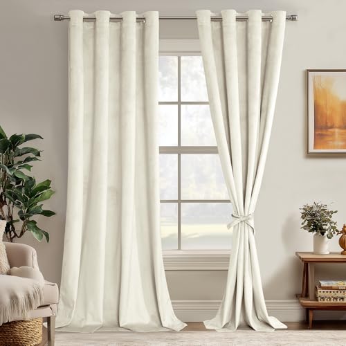 JIUZHEN Ivory Velvet Curtains 84 inches Soundproof Curtains for Living Room - Privacy Protect Room Darkening Grommet Thick Velvet Window Drapes for Bedroom, Set of 2 with Tiebacks, 52W x 84L