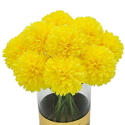 Blooming Paradise 10Pcs Artificial Fake Flower Plants Silk Chrysanthemum Ball Hydrangea Arrangements Wedding Bouquets Decor Home Kitchen Garden Party Table Floral Centerpieces DIY (Yellow)