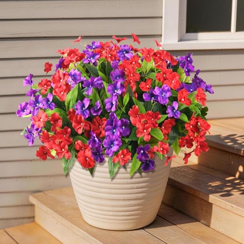 Artificial Impatiens Flowers for Outdoors, 6 Bundles Silk Fake Flowers for Spring Summer Decoration, UV Resistant Faux Plants Plastic Bouquet for Home Planter Porch Patio Yard Decor(Red Purple)