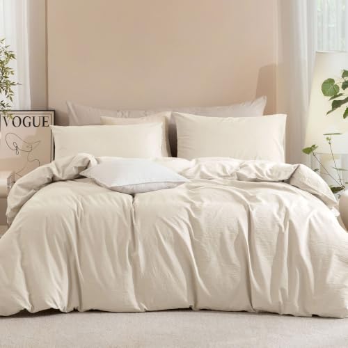 JIYUAN Super King Plus Duvet Cover Set, 3-Piece - 100% Washed Cotton, Linen-Like Soft & Breathable with Zipper Closure, Includes 120x120 Inch Cover & 2 Pillowcases, Heathered Beige