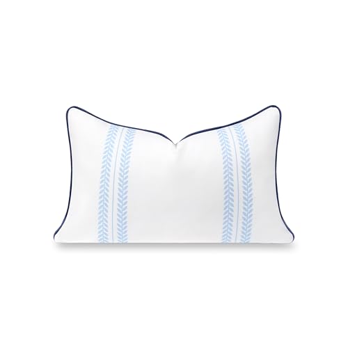 "Hofdeco Premium Coastal Hampton Patio Indoor Outdoor Lumbar Pillow Cover Only, 12""x20"" Water Repellent for Backyard, Couch, Poolside, Baby Blue Navy Print Leaf Striped"