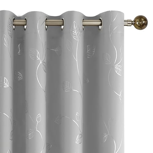 BUHUA Wave Silver Leaf Print Blackout Curtains for Living Room Darkening Curtains Light Blocking Curtains for Bedroom 52W??84L Silver Grey 2 Panels