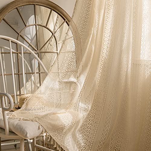 "Sutuo Home Boho Curtains 2 Panels 63 Inches Length for Bedroom, Window Treatments Bohemian Sheer Crochet Lace Vintage Drapes Pair, Beige Geometry Knitted with Handmade Tassels Rod Pocket, 52"" x 63"""