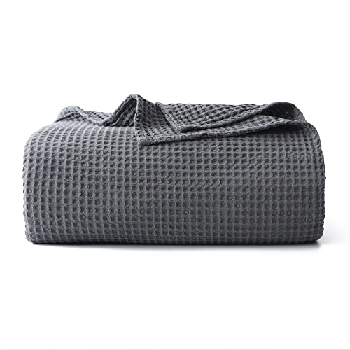 100% Cotton Waffle Blanket (Dark Grey - Full Size - 84 * 90''), Pre-Washed and Anti-Shrinkage Soft Lightweight Bed & Couch Blanket, 380 GSM Waffle Weave Throw Blanket for All Seasons
