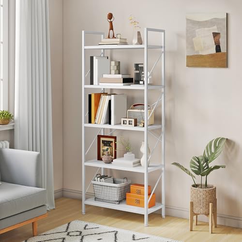 YITAHOME Bookshelf, 5 Tiers Bookcase Tall Book shelf with Metal Frame, Industrial Display Storage Rack, Shelving Units for Living Room Bedroom Home Office Kitchen, Pure White Book Shelves