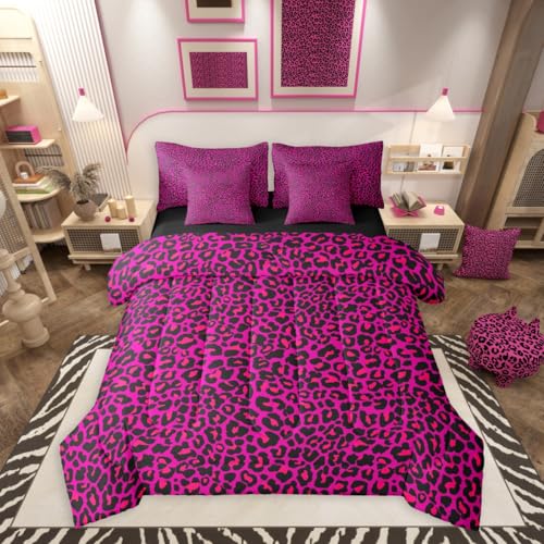 Erosebridal Hot Pink Leopard 7 Pieces Bedding Set King,African Cheetah Print Bed in a Bag,Animal Skin Texture Bed Set Includes Comforter,Sheet Set,Pillowcases & Pillow Covers,Farmhouse Bedroom Decor