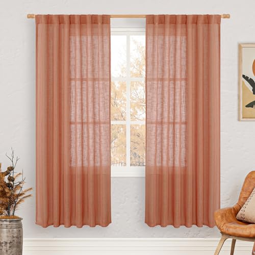 LAMIT Terracotta Linen Boho Curtains 78 inch Length 2 Panels, Light Filtering Semi Sheer Panels Back Tab and Rod Pocket Neutral Panels for Bedroom/Living Room, 52 x 78 Inch