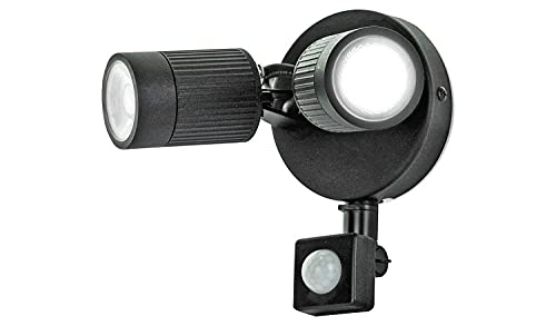 Luceco Outdoor Twin Integrated LED Wall Light with PIR Motion Sensor, Decorative Exterior Adjustable Spotlights for Porches, Driveways and Gardens, Black, IP65, 10W, 720lm, 4000K, LEXWT7B40P