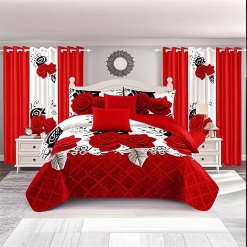 FBLMD 9 Pieces Bedspread Bedding Set with Matching Curtains,King Size,Red Rose Print,Coverlet Quilted Bed Throw,Bedcover,Red and White,Machine Washable,Gift for Wedding and Fastival