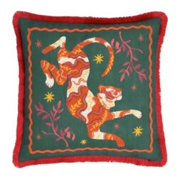 furn. Les Animaux Tigeress Polyester Filled Cushion – Colourful Tufted Tiger Fringe Trim Decorative Pillow (Emerald – 45x45cm)