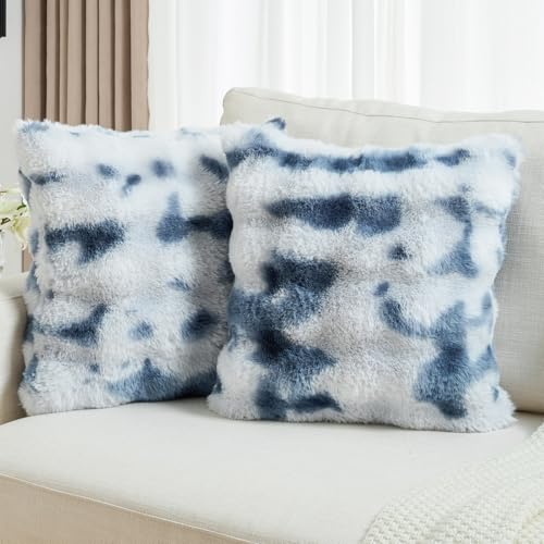 FUTEI Pack of 2 Faux Fur Throw Pillow Covers 20x20 Inch Soft Raised Textured Decorative Cushion Cases Modern Farmhouse Accent for Couch Bed Living Room, Blue White